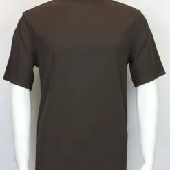 T-Shirts Log In Short Sleeve Mock Neck Men's T-Shirt - Solid Pattern Brown #218