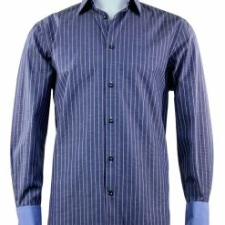 Shirts Cado Long Sleeve Button Down Men's Fashion Shirt - Stripe Pattern Blue #226