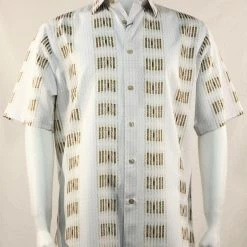Bassiri Short Sleeve Button Down Casual Printed Men's Shirt - Stripe & Dash Pattern White & Gold #3936