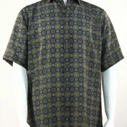 Bassiri Short Sleeve Button Down Casual Printed Men's Shirt - Circle Pattern Green #3971