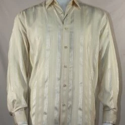 Bassiri Long Sleeve Button Down Casual Tone On Tone Men's Shirt - Shiny Stripe Pattern Cream #4733 Shirts