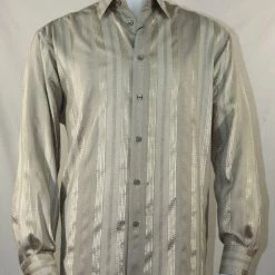Bassiri Long Sleeve Button Down Casual Tone On Tone Men's Shirt - Shiny Stripe Pattern Tan #4735