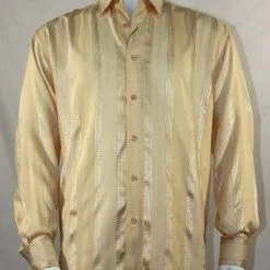 Bassiri Long Sleeve Button Down Casual Tone On Tone Men's Shirt - Shiny Stripe Pattern Peach #4736 Shirts