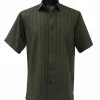 Bassiri Short Sleeve Button Down Casual Tone On Tone Men's Shirt - Shadow Stripe Pattern Green #48191 Shirts