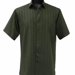 Bassiri Short Sleeve Button Down Casual Tone On Tone Men's Shirt - Shadow Stripe Pattern Green #48191 Shirts