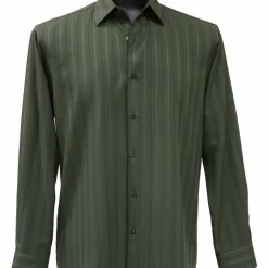 Bassiri Long Sleeve Button Down Casual Tone On Tone Men's Shirt - Shadow Stripe Pattern Green #4819 Shirts