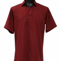 Bassiri Short Sleeve Button Down Casual Tone On Tone Men's Shirt - Shadow Stripe Pattern Burgundy #48241