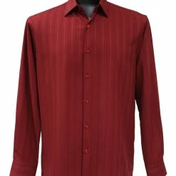 Shirts Bassiri Long Sleeve Button Down Casual Tone On Tone Men's Shirt - Shadow Stripe Pattern Burgundy #4824