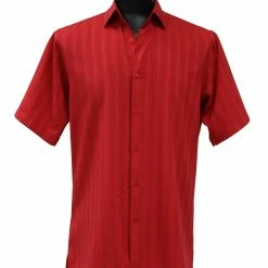 Bassiri Short Sleeve Button Down Casual Tone On Tone Men's Shirt - Shadow Stripe Pattern Red #48251 Shirts