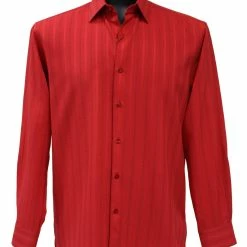 Shirts Bassiri Long Sleeve Button Down Casual Tone On Tone Men's Shirt - Shadow Stripe Pattern Red #4825