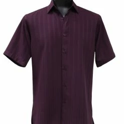 Shirts Bassiri Short Sleeve Button Down Casual Tone On Tone Men's Shirt - Shadow Stripe Pattern Eggplant #48371
