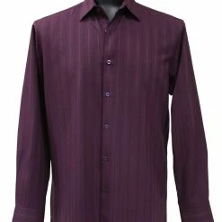 Shirts Bassiri Long Sleeve Button Down Casual Tone On Tone Men's Shirt - Shadow Stripe Pattern Eggplant #4837