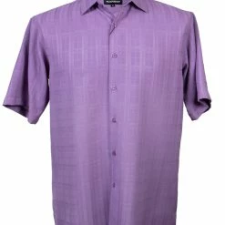 Shirts Bassiri Short Sleeve Button Down Casual Tone On Tone Men's Shirt - Shadow Geometric Pattern Lilac #60031