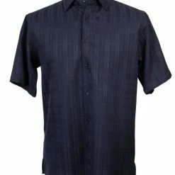 Bassiri Short Sleeve Button Down Casual Tone On Tone Men's Shirt - Shadow Geometric Pattern Navy #60051