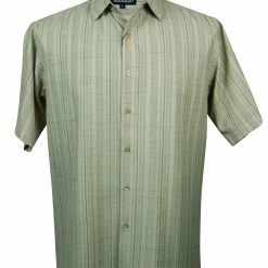 Shirts Bassiri Short Sleeve Button Down Casual Tone On Tone Men's Shirt - Shadow Stripe Pattern Beige #61121