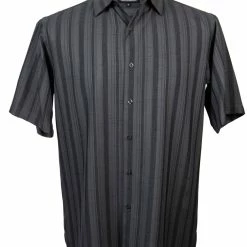 Shirts Bassiri Short Sleeve Button Down Casual Tone On Tone Men's Shirt - Shadow Stripe Pattern Charcoal #61151