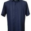 Shirts Bassiri Short Sleeve Button Down Casual Tone On Tone Men's Shirt - Shadow Stripe Pattern Navy #61161