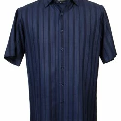 Shirts Bassiri Short Sleeve Button Down Casual Tone On Tone Men's Shirt - Shadow Stripe Pattern Navy #61161