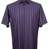 Bassiri Short Sleeve Button Down Casual Tone On Tone Men's Shirt - Shadow Stripe Pattern Purple #61191 Shirts