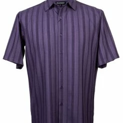 Bassiri Short Sleeve Button Down Casual Tone On Tone Men's Shirt - Shadow Stripe Pattern Purple #61191 Shirts