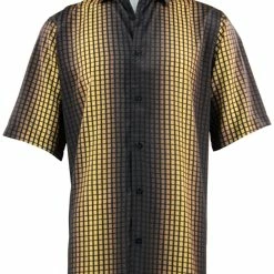 Bassiri Short Sleeve Button Down Casual Printed Men's Shirt - Geometric Square Pattern Yellow #61751 Shirts