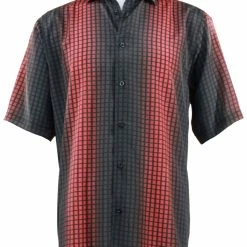Shirts Bassiri Short Sleeve Button Down Casual Printed Men's Shirt - Geometric Square Pattern Red #61771