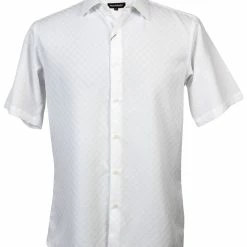 Bassiri Short Sleeve Button Down Casual Tone On Tone Men's Shirt - Shadow Squares Pattern White #61971 Shirts