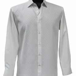 Bassiri Long Sleeve Button Down Casual Tone On Tone Men's Shirt - Shadow Squares Pattern White #6197
