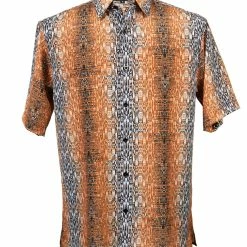 Bassiri Short Sleeve Button Down Casual Printed Men's Shirt - Abstract Stripe Pattern Orange #62831 Shirts