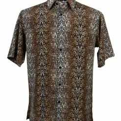Bassiri Short Sleeve Button Down Casual Printed Men's Shirt - Abstract Stripe Pattern Brown #62881 Shirts