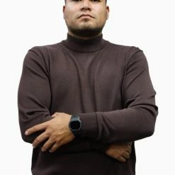 Bassiri Mock Neck Men's Sweater - Solid Pattern Brown #630