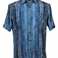 Shirts Bassiri Short Sleeve Button Down Casual Printed Men's Shirt - Stripe Pattern Blue #63371