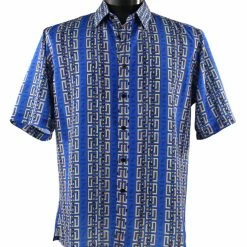 Bassiri Short Sleeve Button Down Casual Printed Men's Shirt - Greek Key Pattern Royal Blue #63481