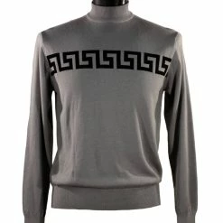 Bassiri Mock Neck Men's Sweater - Greek Key Pattern Silver #634 Sweaters
