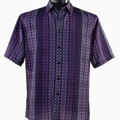 Bassiri Short Sleeve Button Down Casual Printed Men's Shirt - Diamonds Pattern Purple #63571 Shirts