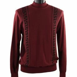 Bassiri Mock Neck Men's Sweater - Greek Key Pattern Burgundy #636 Sweaters
