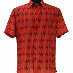 Shirts Bassiri Short Sleeve Button Down Casual Printed Men's Shirt - Diamonds Pattern Red #63881