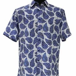 Bassiri Short Sleeve Button Down Casual Printed Men's Shirt - Leaf Pattern Royal Blue #63941 Shirts