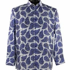 Bassiri Long Sleeve Button Down Casual Printed Men's Shirt - Leaf Pattern Royal Blue #6394