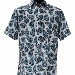 Bassiri Short Sleeve Button Down Casual Printed Men's Shirt - Leaf Pattern Turquoise #63951