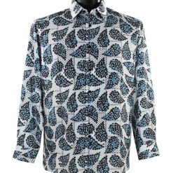 Bassiri Long Sleeve Button Down Casual Printed Men's Shirt - Leaf Pattern Turquoise #6395 Shirts