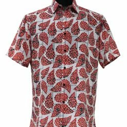 Bassiri Short Sleeve Button Down Casual Printed Men's Shirt - Leaf Pattern Red #63961 Shirts
