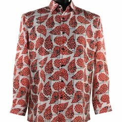 Shirts Bassiri Long Sleeve Button Down Casual Printed Men's Shirt - Leaf Pattern Red #6396