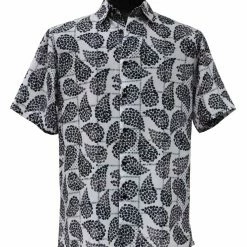 Bassiri Short Sleeve Button Down Casual Printed Men's Shirt - Leaf Pattern Black #63981 Shirts