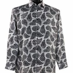 Bassiri Long Sleeve Button Down Casual Printed Men's Shirt - Leaf Pattern Black #6398
