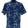 Bassiri Short Sleeve Button Down Casual Printed Men's Shirt - Leaf Pattern Black & Royal Blue #64001 Shirts