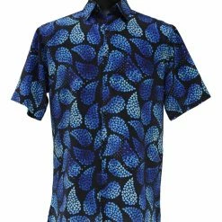 Bassiri Short Sleeve Button Down Casual Printed Men's Shirt - Leaf Pattern Black & Royal Blue #64001 Shirts