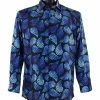 Bassiri Long Sleeve Button Down Casual Printed Men's Shirt - Leaf Pattern Black & Royal Blue #6400 Shirts