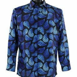 Bassiri Long Sleeve Button Down Casual Printed Men's Shirt - Leaf Pattern Black & Royal Blue #6400 Shirts