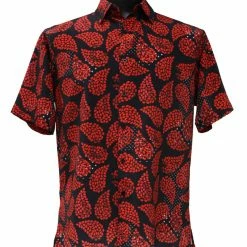 Bassiri Short Sleeve Button Down Casual Printed Men's Shirt - Leaf Pattern Black & Red #64011